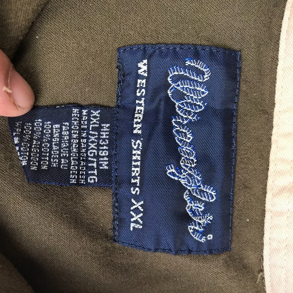 Wrangler Western Shirt Mens 2XL Olive Green Chest Sleeve Stripe Button Up‎ LS